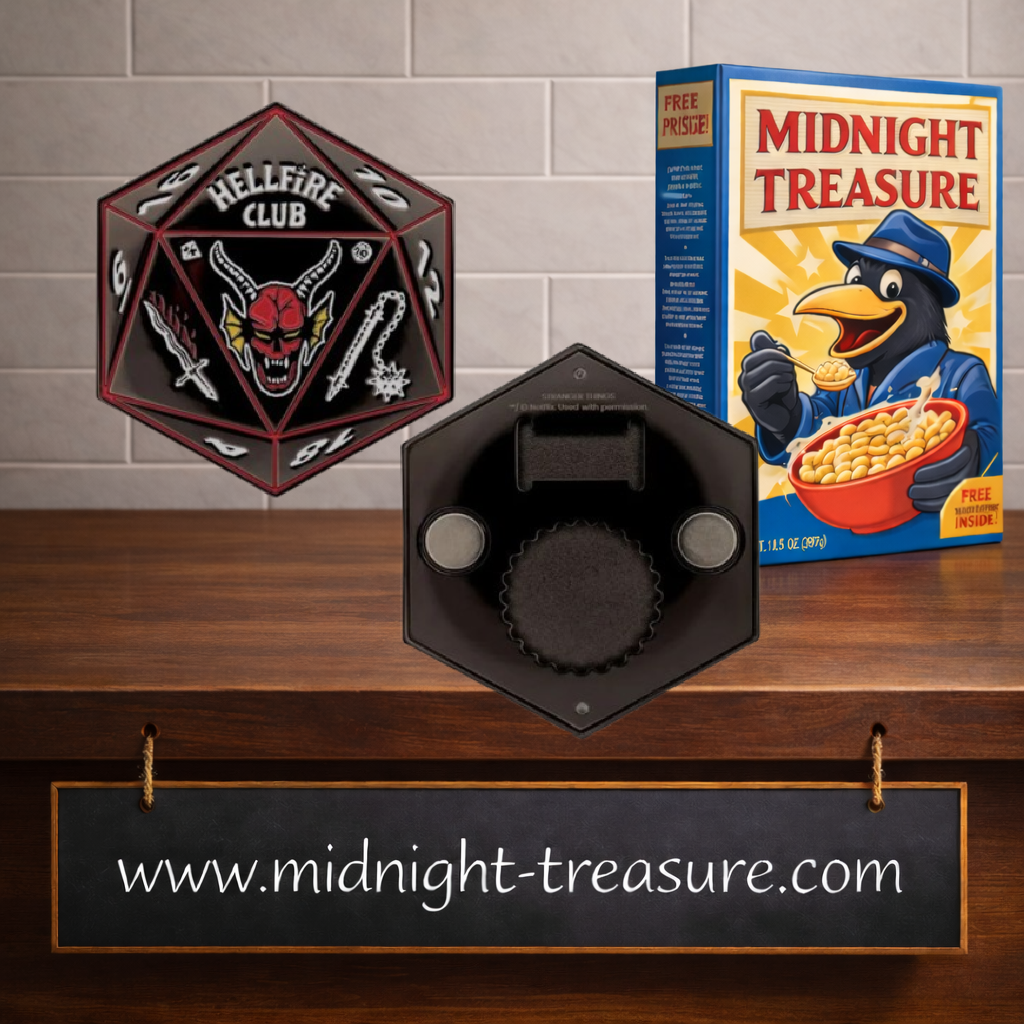 Ouvre-bouteille magnétique Stranger Things Hellfire Club en métal en forme de dé D20 noir et rouge par Fanattik.
