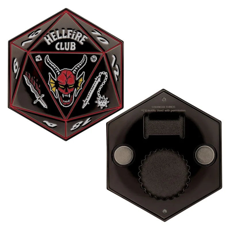 🔥🎲 Stranger Things – Hellfire Club – Ouvre-bouteille magnétique D20 🎲🔥