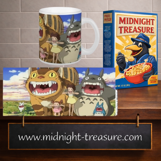 Mug Studio Ghibli 300 ml représentant Totoro, le Nekobus, Satsuki et Mei dans une scène emblématique de Mon Voisin Totoro.