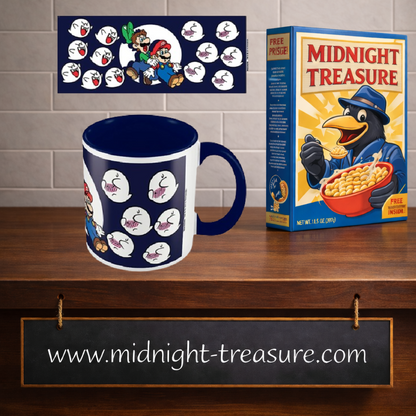 Mug Super Mario Boos 325 ml en céramique avec intérieur et anse bleu marine, Mario et Luigi poursuivis par des fantômes Boo.