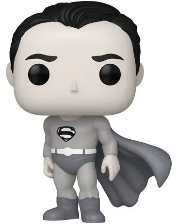 Funko Pop Superman 610 noir et blanc – Adventures of Superman. Figurine vinyle représentant Superman dans son costume rétro inspiré des premières séries télévisées DC Comics.