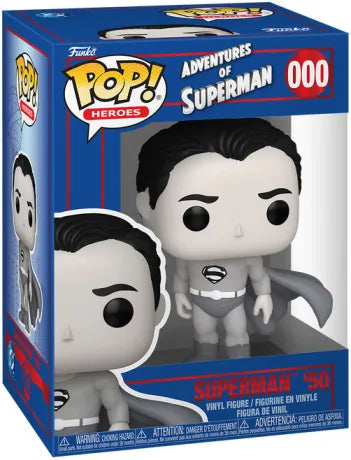 Funko Pop Superman 610 noir et blanc – Adventures of Superman. Figurine vinyle représentant Superman dans son costume rétro inspiré des premières séries télévisées DC Comics.
