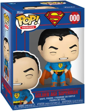 Funko Pop! DC Comics – Golden Age Superman (N°609). Figurine représentant Superman dans son costume rétro de l’Âge d’Or, posture iconique mains sur la ceinture.