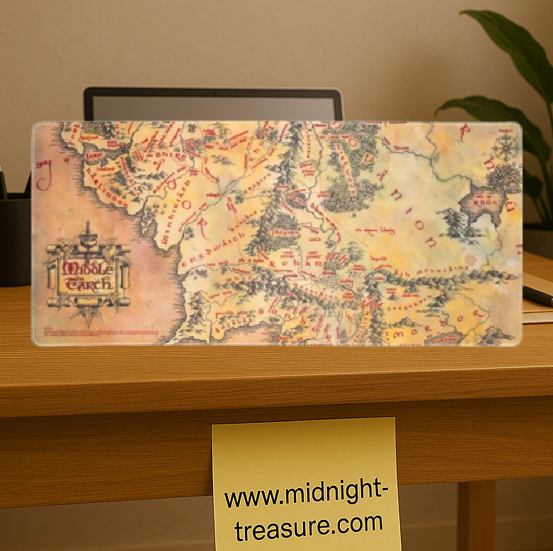 Tapis de bureau XL Le Seigneur des Anneaux avec carte de la Terre du Milieu, surface textile 80x35 cm antidérapante et imperméable.