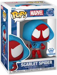 "Funko Pop! Marvel – Scarlet Spider (1453). Le Scarlet Spider en tenue rouge et bleu avec sa capuche iconique, prêt pour l'action. Une figurine dynamique et incontournable pour les fans de l'univers Spider-Man et des super-héros Marvel !"

