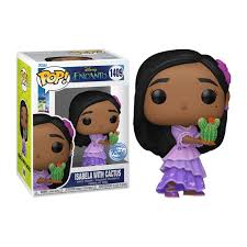 "Funko Pop! Encanto – Isabela with Cactus (1409). Isabela dans sa robe violette signature, tenant un cactus, symbole de sa capacité à créer la vie végétale de manière inattendue. Une figurine parfaite pour les fans du film Encanto de Disney et des personnages magiques de la famille Madrigal !"

