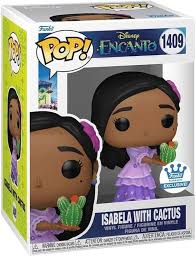 "Funko Pop! Encanto – Isabela with Cactus (1409). Isabela dans sa robe violette signature, tenant un cactus, symbole de sa capacité à créer la vie végétale de manière inattendue. Une figurine parfaite pour les fans du film Encanto de Disney et des personnages magiques de la famille Madrigal !"

