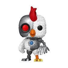 "Funko Pop! Robot Chicken – Robot Chicken (1769). Un poulet mi-robot mi-volaille avec son œil rouge cybernétique emblématique. Une figurine déjantée pour les fans de la série satirique Robot Chicken !"

