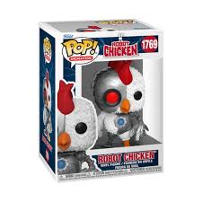 "Funko Pop! Robot Chicken – Robot Chicken (1769). Un poulet mi-robot mi-volaille avec son œil rouge cybernétique emblématique. Une figurine déjantée pour les fans de la série satirique Robot Chicken !"

