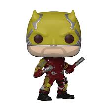 "Funko Pop! Marvel – Daredevil (1301) – She-Hulk: Attorney at Law. Figurine représentant Daredevil dans son costume jaune et rouge emblématique de la série She-Hulk, tenant ses bâtons de combat. Un must-have pour les fans de Marvel et les collectionneurs de Funko Pop! Exclusives !"

