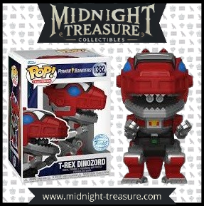 "Funko Pop! T-Rex Dinozord (1382) – Figurine de collection Power Rangers. Design détaillé du Zord rouge avec armure argentée et mâchoires imposantes. Produit officiel Funko, idéal pour les collectionneurs et fans de la franchise."
