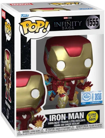 Funko Pop! The Infinity Saga – Iron Man Glow in the Dark (N°1555). Iron Man en armure rouge et or avec effets d’énergie lumineux. Figurine détaillée et dynamique.