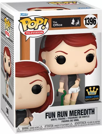 Funko Pop! The Office – Meredith Palmer Fun Run (N°1396). Figurine de Meredith blessée avec canne verte et short médical, inspirée de l’épisode culte.