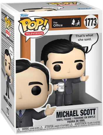 Funko Pop! The Office – Michael Scott (That’s What She Said.) – N°1773. Figurine avec costume gris, tasse “World’s Best Boss” et bulle de dialogue emblématique. Parfaite pour les fans de la série.