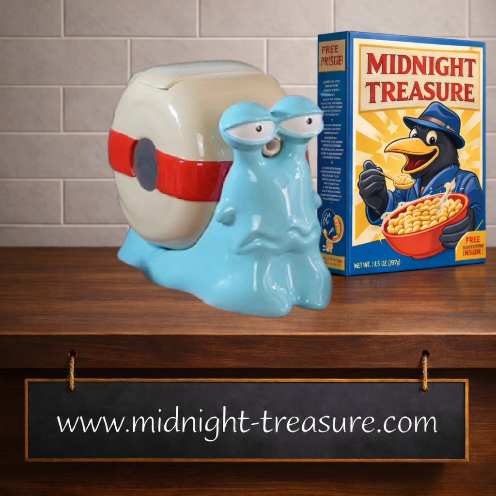 Theiere One Piece Den Den Mushi escargophone en forme d escargot bleu et beige avec design 3D en ceramique 1200 ml.