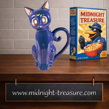 Théière 3D Sailor Moon Luna en céramique représentant le chat avec croissant de lune et design brillant détaillé.