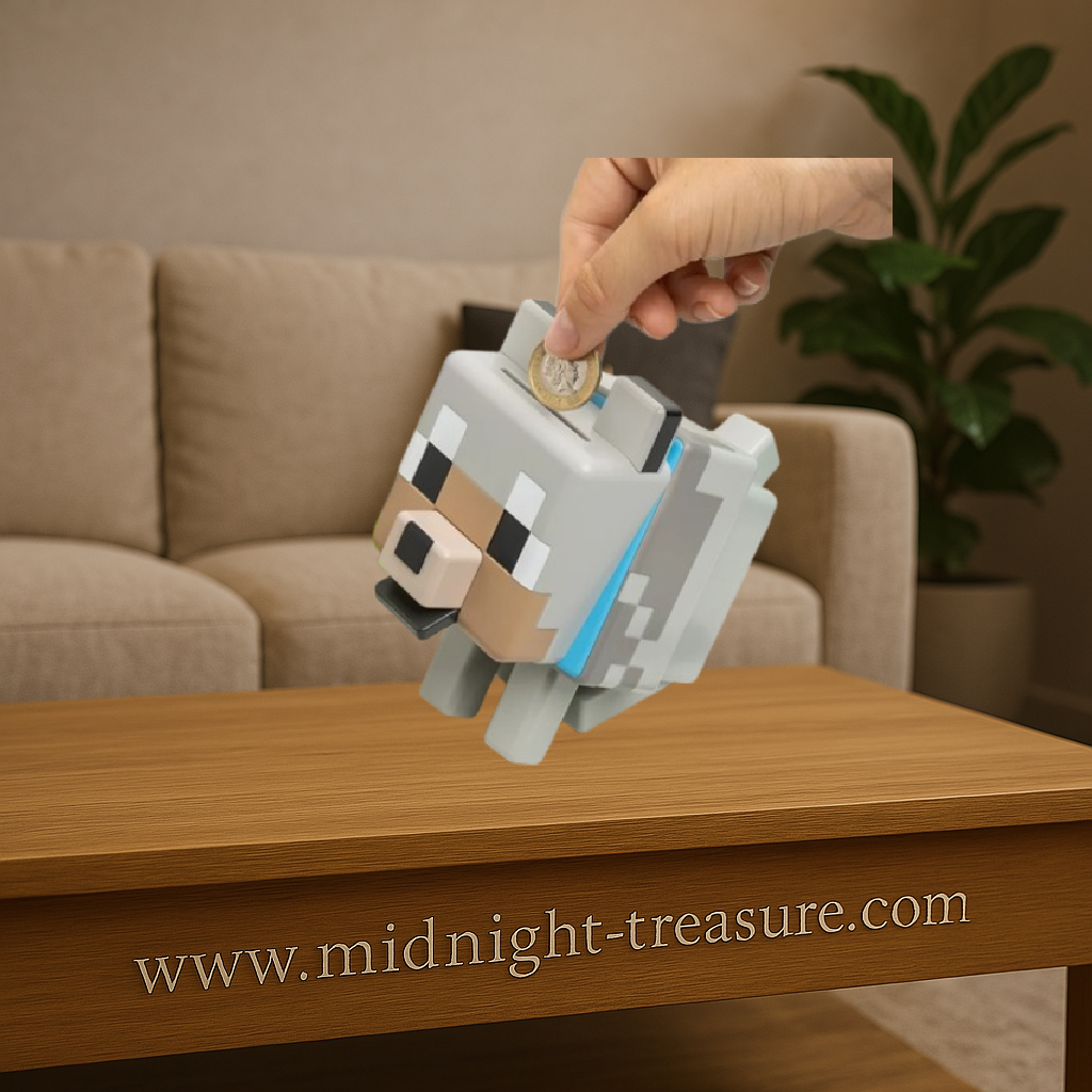 Tirelire 3D Minecraft représentant le loup emblématique du jeu. Tirelire officielle en PVC d’environ 14 cm, idéale pour les fans et gamers.