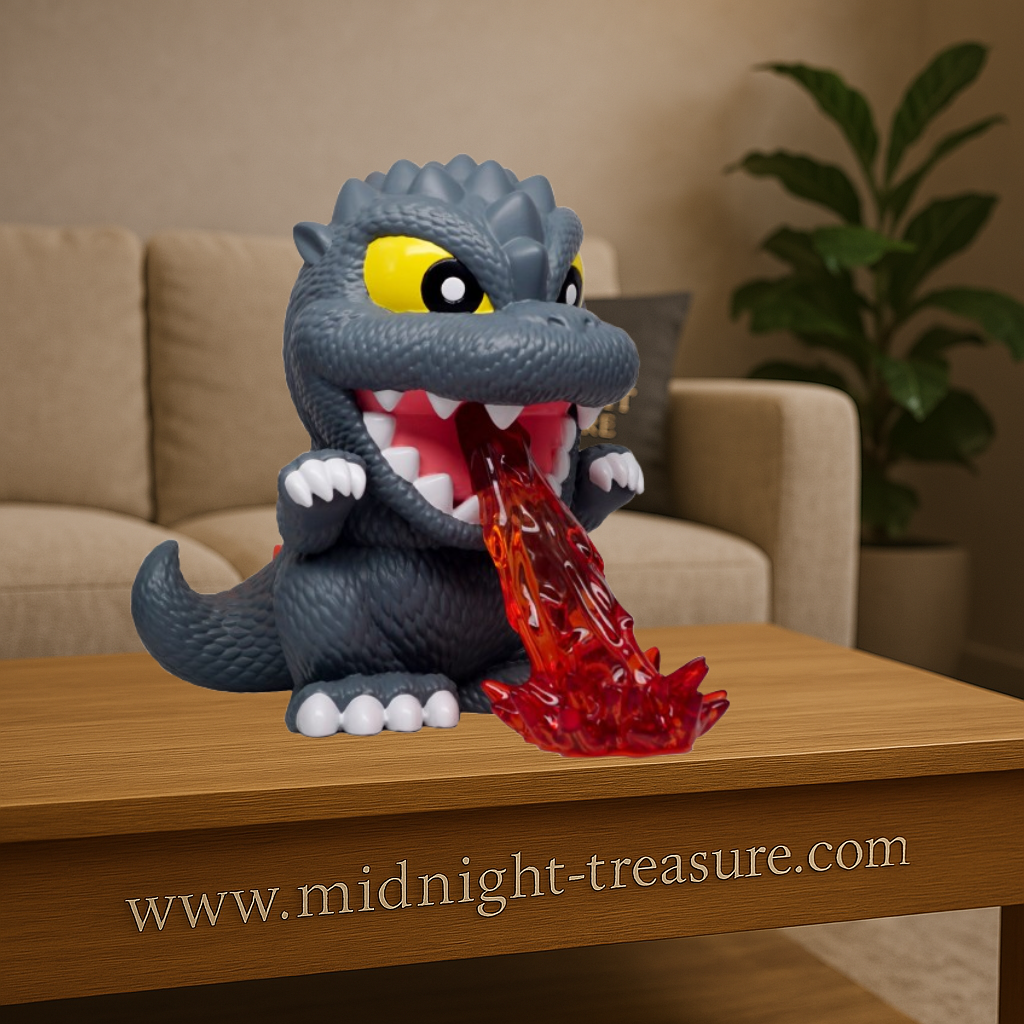 Tirelire Godzilla Atomic Breath en PVC sous licence officielle, environ 20 cm de haut et 25 cm de long, représentant Godzilla crachant son souffle atomique.