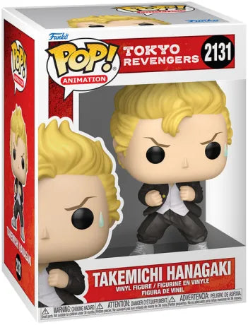 Funko Pop! Tokyo Revengers – Takemichi Hanagaki (N°2131). Figurine du héros en posture de combat, costume noir et expression déterminée.