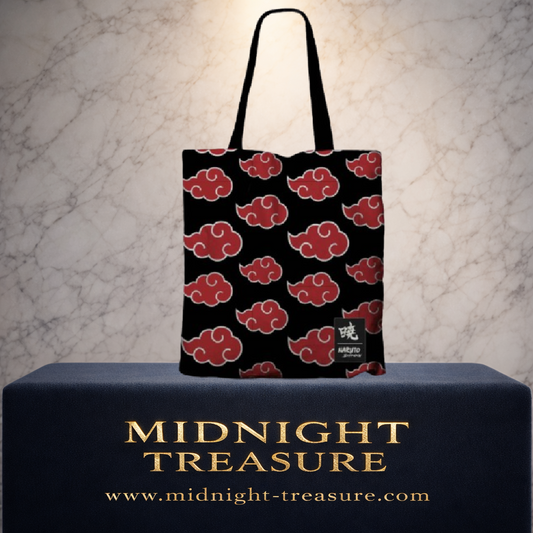 Tote Bag Premium Akatsuki Naruto Shippuden avec motif nuages rouges sur fond noir. Sac officiel doté d'une doublure renforcée, d'une poche intérieure zippée et de coutures renforcées. Accessoire idéal pour les fans de Naruto.