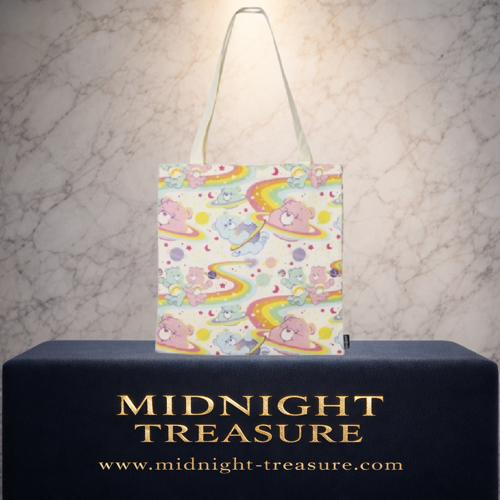 Tote bag Bisounours Care Bears 36 x 39 cm avec imprimé pastel de Bisounours, arcs-en-ciel, planètes, lunes et étoiles.