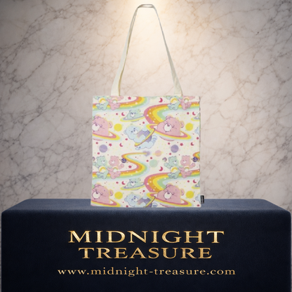 Tote bag Bisounours Care Bears 36 x 39 cm avec imprimé pastel de Bisounours, arcs-en-ciel, planètes, lunes et étoiles.