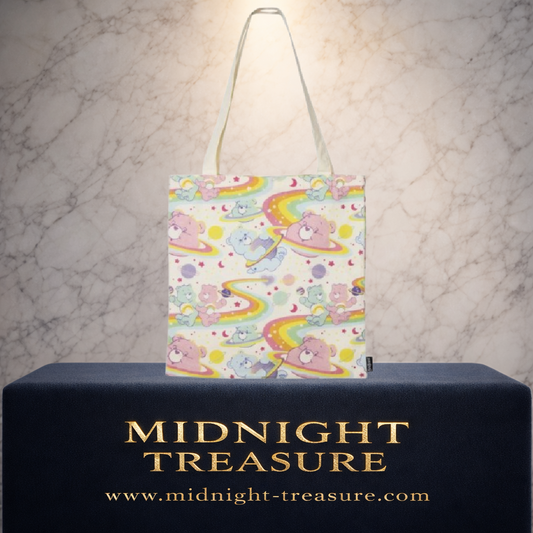 Tote bag Bisounours Care Bears 36 x 39 cm avec imprimé pastel de Bisounours, arcs-en-ciel, planètes, lunes et étoiles.