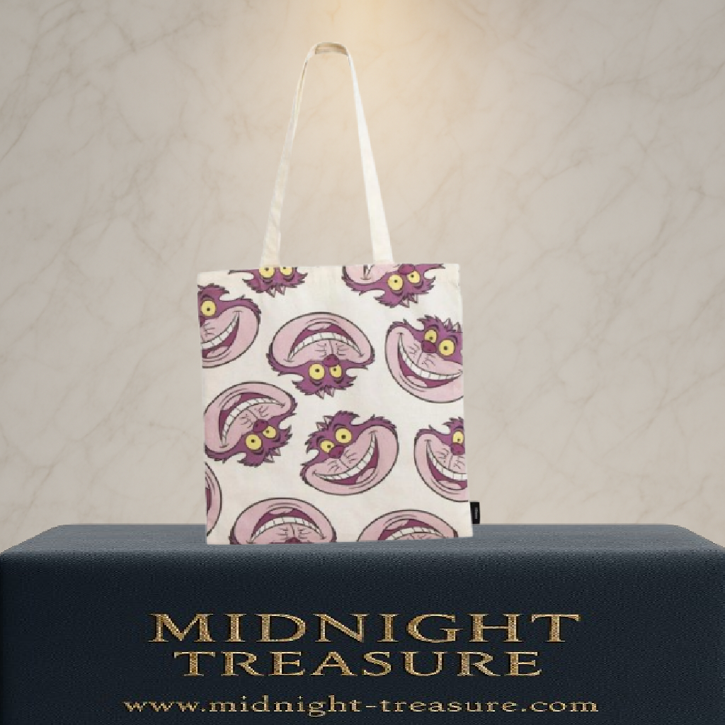 Tote bag Alice au pays des merveilles Chat du Cheshire avec motif répété. Sac en polyester et coton 36 x 39 cm, pratique et stylé pour fans de Disney.