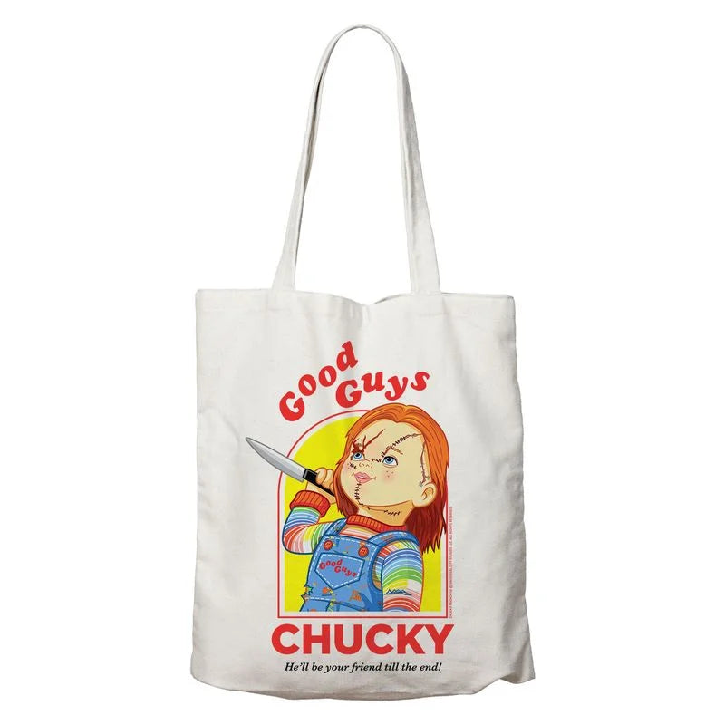 Tote bag Chucky Good Guys sous licence officielle. Sac en coton blanc avec illustration de Chucky tenant un couteau, impression UK, format 400 x 400 mm.