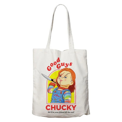 Tote bag Chucky Good Guys sous licence officielle. Sac en coton blanc avec illustration de Chucky tenant un couteau, impression UK, format 400 x 400 mm.