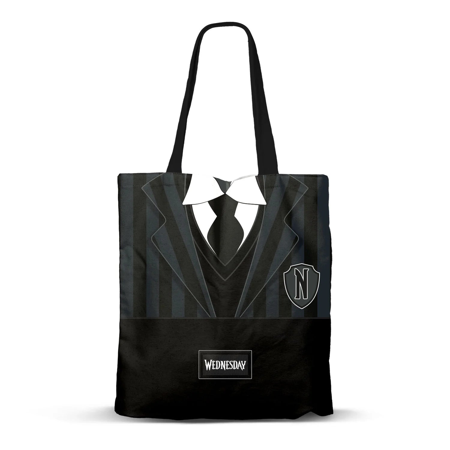 Tote bag premium Mercredi Oxford Uniform – 33 x 40 cm. Sac shopping noir inspiré de l’uniforme de Mercredi Addams, avec doublure intérieure et poche intégrée.