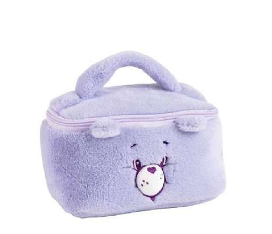 Trousse de voyage Bisounours Tougentille – modèle peluche mauve en forme de brick, avec poignée et broderie Tougentille. Accessoire doux et pratique pour maquillage et rangement.