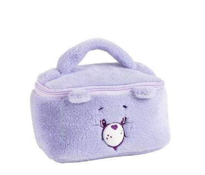 Trousse de voyage Bisounours Tougentille – modèle peluche mauve en forme de brick, avec poignée et broderie Tougentille. Accessoire doux et pratique pour maquillage et rangement.