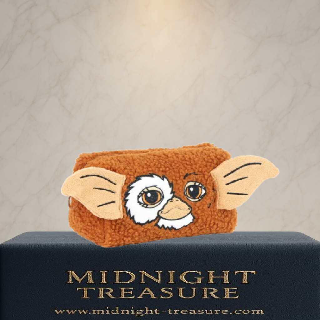 Trousse de voyage Gremlins Gizmo en fausse fourrure – 18 x 9,5 x 11 cm. Trousse en polyester avec visage brodé et oreilles en relief, inspirée du Mogwai culte du film Gremlins.