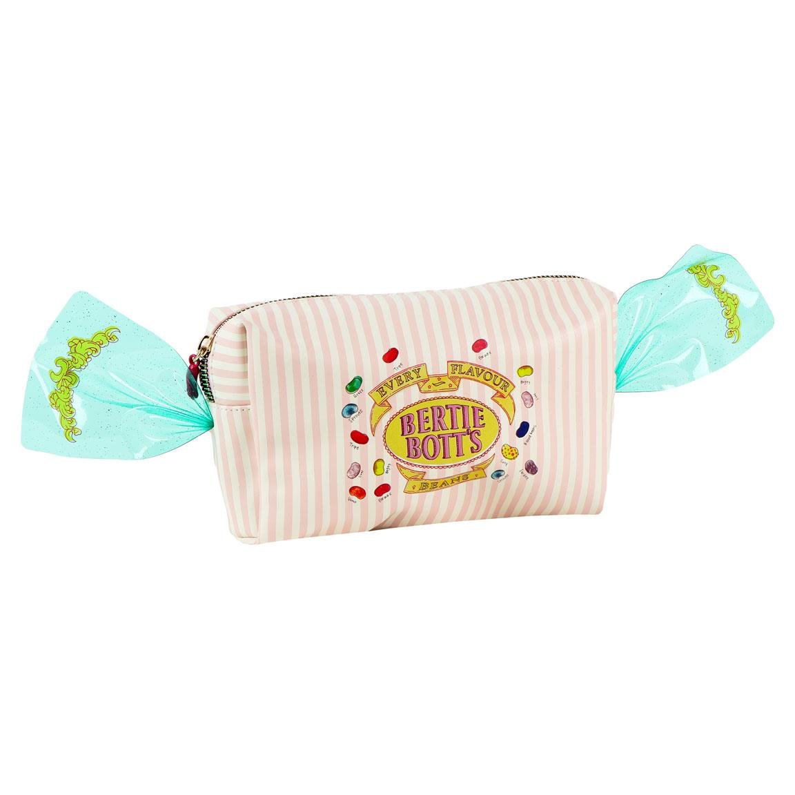 Trousse de voyage Harry Potter – Honeydukes – Bertie Bott’s – 20 x 11,3 x 7 cm. Trousse pastel façon bonbon avec dragées surprises et finitions translucides.