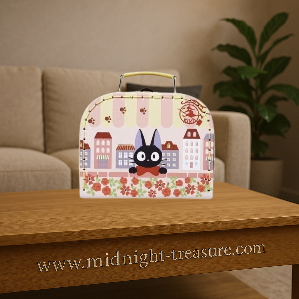 Valisette Jiji Fleurs Kiki la petite sorcière Studio Ghibli, petite valise décorative avec chat Jiji, dimensions 12,5 x 15,6 x 6,8 cm.