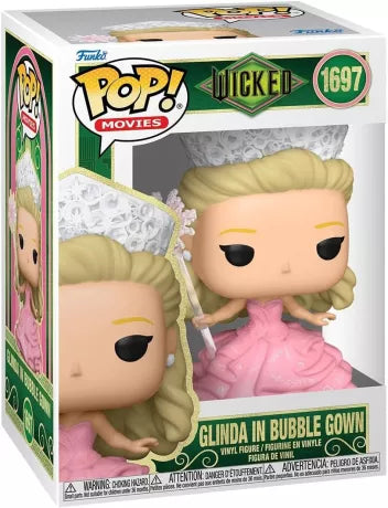 Funko Pop! Wicked – Glinda en robe à bulles (N°1697). Figurine avec robe rose, couronne et baguette magique.
