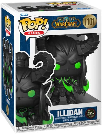 Funko Pop! World of Warcraft – Illidan Stormrage CHASE (N°1101). Version noire avec effets verts fluorescents, détaillée et impressionnante, parfaite pour les fans de Warcraft.