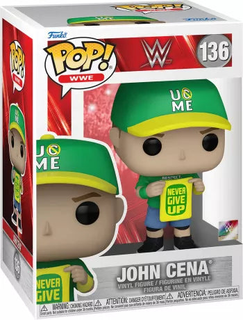 Funko Pop! WWE – John Cena (Never Give Up) N°136. Figurine John Cena avec casquette verte et panneau “Never Give Up”, tenue emblématique de la WWE.