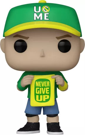 Funko Pop! WWE – John Cena (Never Give Up) N°136. Figurine John Cena avec casquette verte et panneau “Never Give Up”, tenue emblématique de la WWE.