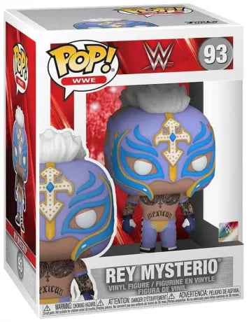 Funko Pop! WWE – Rey Mysterio (N°93). Masque bleu/or, tatouages détaillés et tenue de lucha libre. Figurine fidèle à la superstar de la WWE.