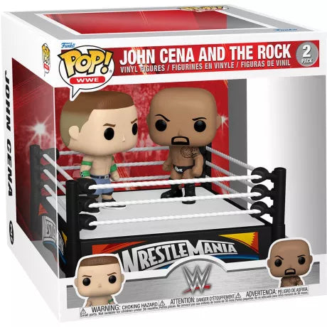 Funko Pop! WWE Moment – John Cena et The Rock à WrestleMania. Scène de combat sur un ring WWE, représentation fidèle de l’affrontement légendaire entre deux icônes du catch.