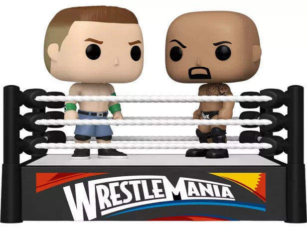 Funko Pop! WWE Moment – John Cena et The Rock à WrestleMania. Scène de combat sur un ring WWE, représentation fidèle de l’affrontement légendaire entre deux icônes du catch.