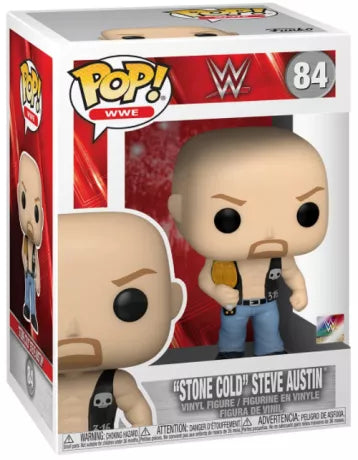 Funko Pop! WWE – Stone Cold Steve Austin (N°84). Figurine du catcheur légendaire avec gilet noir “3:16” et ceinture de champion.