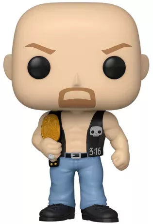 Funko Pop! WWE – Stone Cold Steve Austin (N°84). Figurine du catcheur légendaire avec gilet noir “3:16” et ceinture de champion.