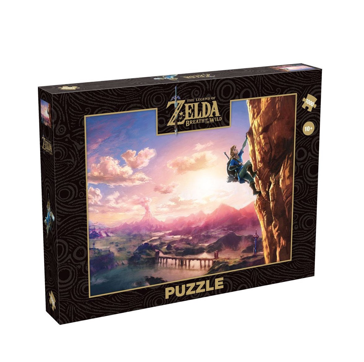 Puzzle The Legend of Zelda: Breath of the Wild – 1000 pièces – Nintendo. Une magnifique illustration de Link escaladant une falaise avec une vue panoramique d’Hyrule. Un défi captivant pour les fans de Zelda