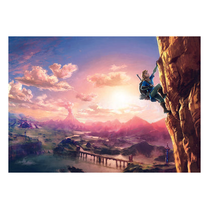 Puzzle The Legend of Zelda: Breath of the Wild – 1000 pièces – Nintendo. Une magnifique illustration de Link escaladant une falaise avec une vue panoramique d’Hyrule. Un défi captivant pour les fans de Zelda